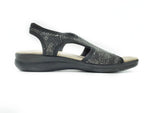 Polyflex "comfort made in Italy" T-Strap  Walking Sandal (Black, Silver Flower print)