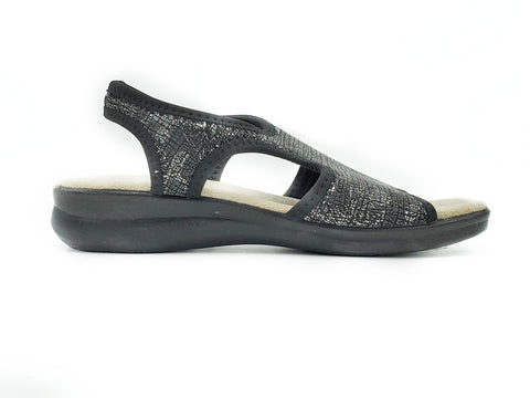 Polyflex "comfort made in Italy" T-Strap  Walking Sandal (Black, Silver Flower print)