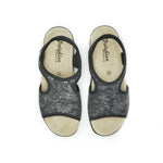 Polyflex "comfort made in Italy" T-Strap  Walking Sandal (Black, Silver Flower print)