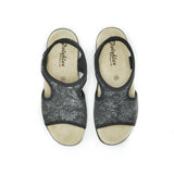Polyflex "comfort made in Italy" T-Strap  Walking Sandal (Black, Silver Flower print)
