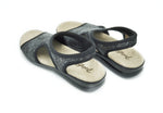 Polyflex "comfort made in Italy" T-Strap  Walking Sandal (Black, Silver Flower print)